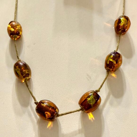 Handcrafted Artisan Amber & Green Glass Beaded  Necklace - Picture 4 of 7